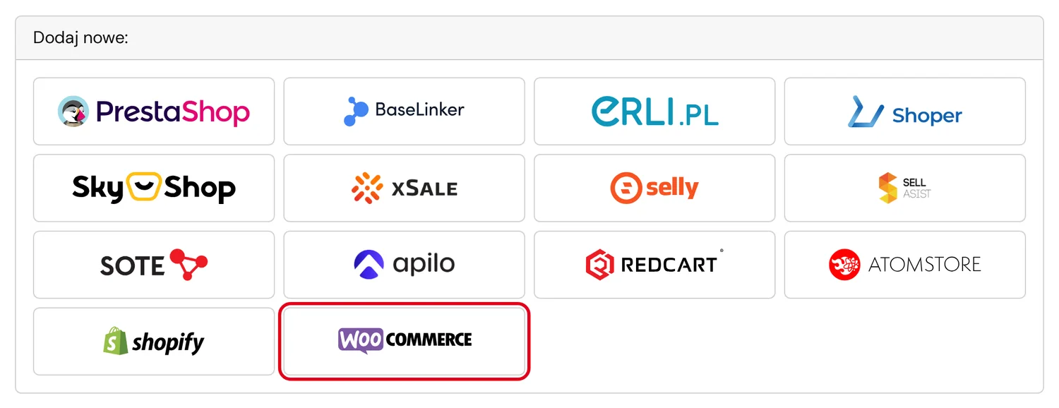 Siatka kafelków platform sklepowych z zaznaczonym kafelkiem WooCommerce