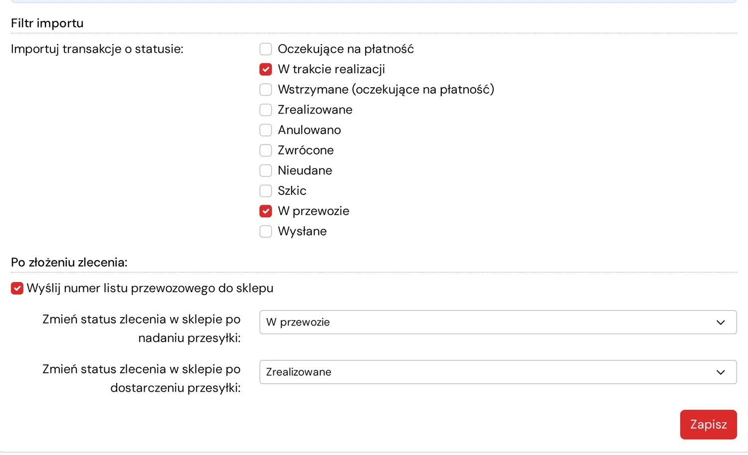 Sekcja filtr importu ze statusami zamówień oraz ustawienia po złożeniu zlecenia