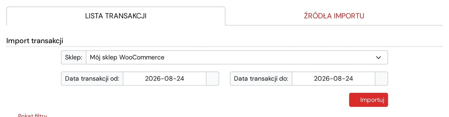 Formularz importu transakcji z wyborem sklepu, zakresem dat i przyciskiem Importuj