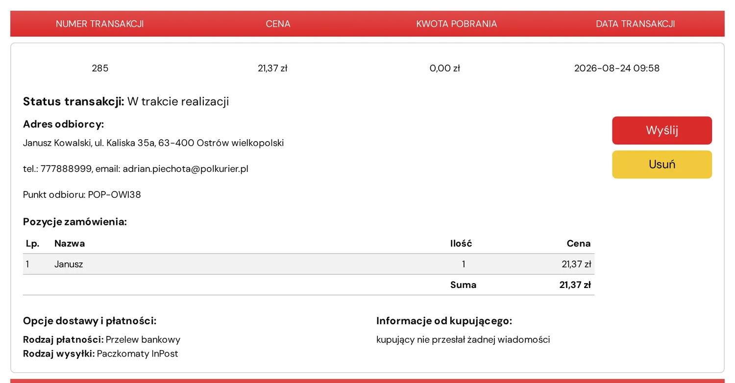 Karta zaimportowanej transakcji z adresem odbiorcy, punktem odbioru i przyciskiem Wyślij